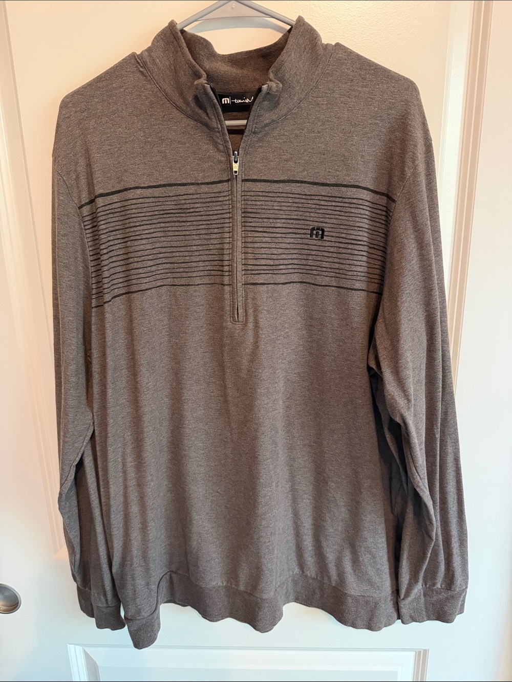 Travis Mathew Men’s Charcoal Gray Half-Zip Sweater with Subtle Stripes